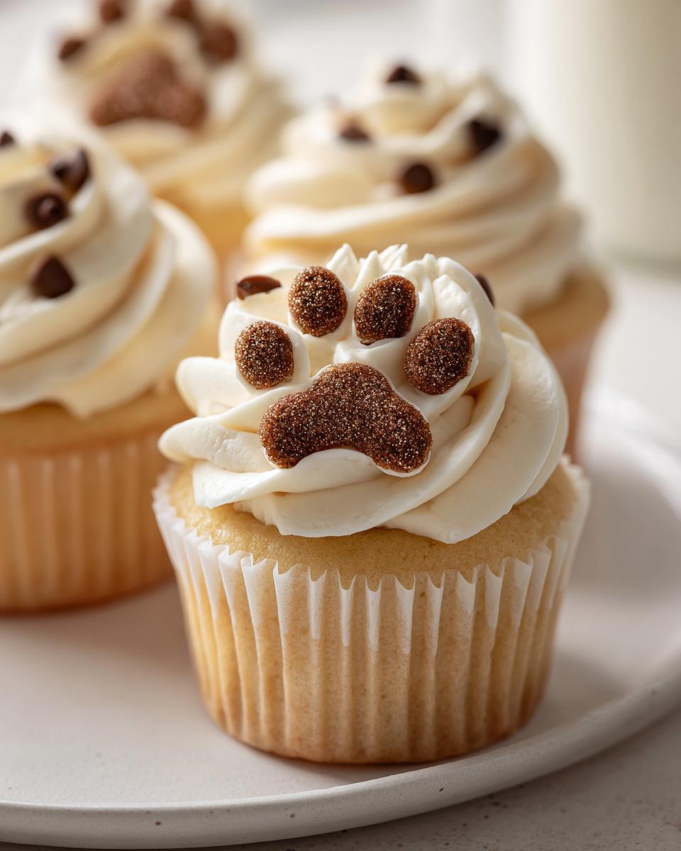Close-up of a vanilla Dog Mom Day cupcake topped with white frosting and a brown, sparkly paw print decoration.