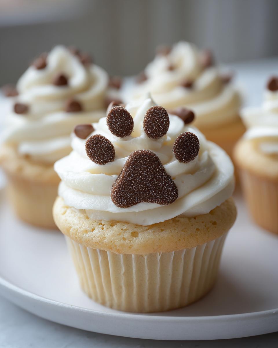 Close-up of a vanilla Dog Mom Day cupcake topped with white frosting and a dark brown, sparkly paw print candy decoration.