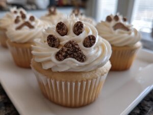 Close-up of vanilla Dog Mom Day cupcakes topped with white frosting and chocolate paw prints.