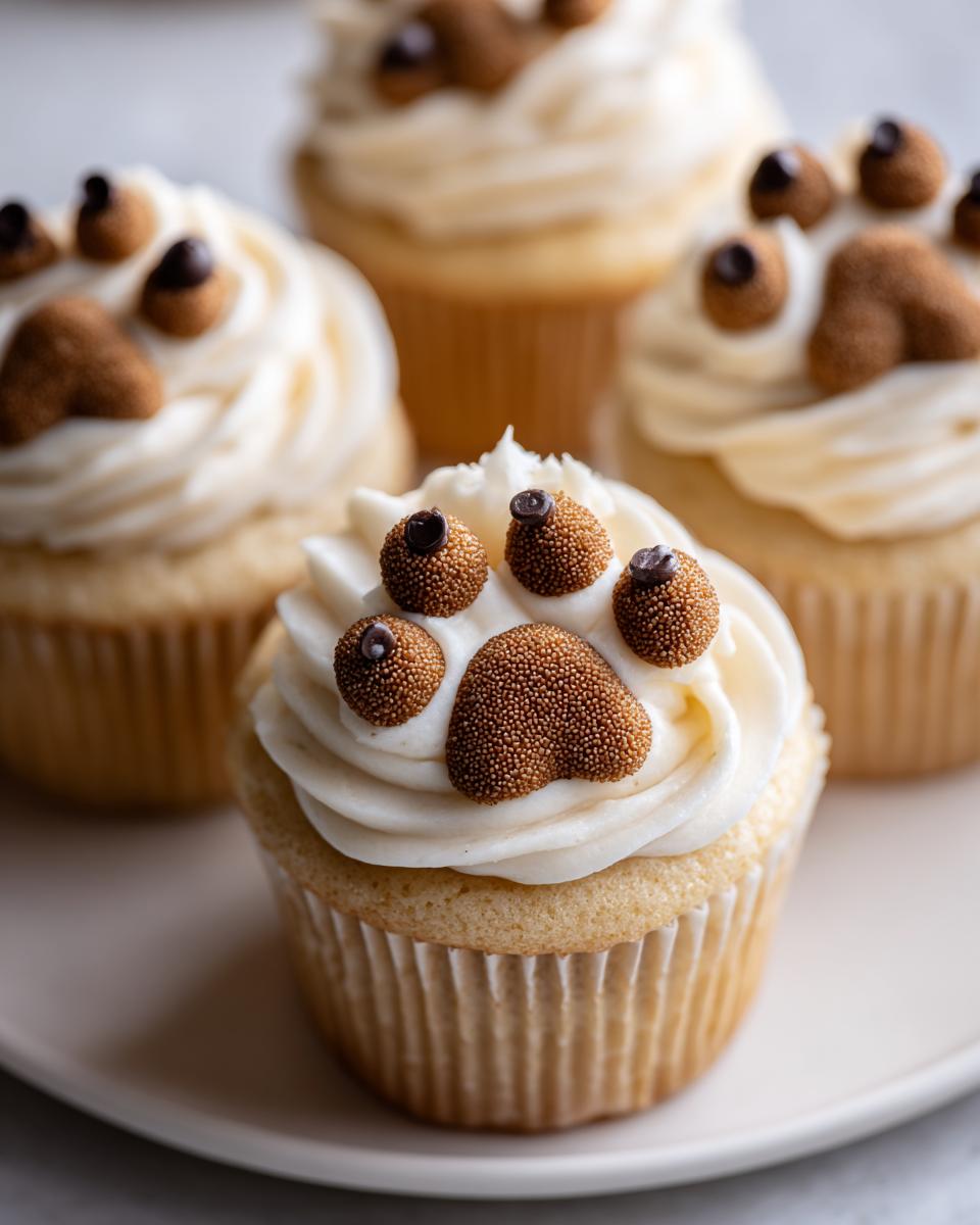 Close-up of Dog Mom Day cupcakes topped with white frosting and a brown, sprinkle-covered paw print design.