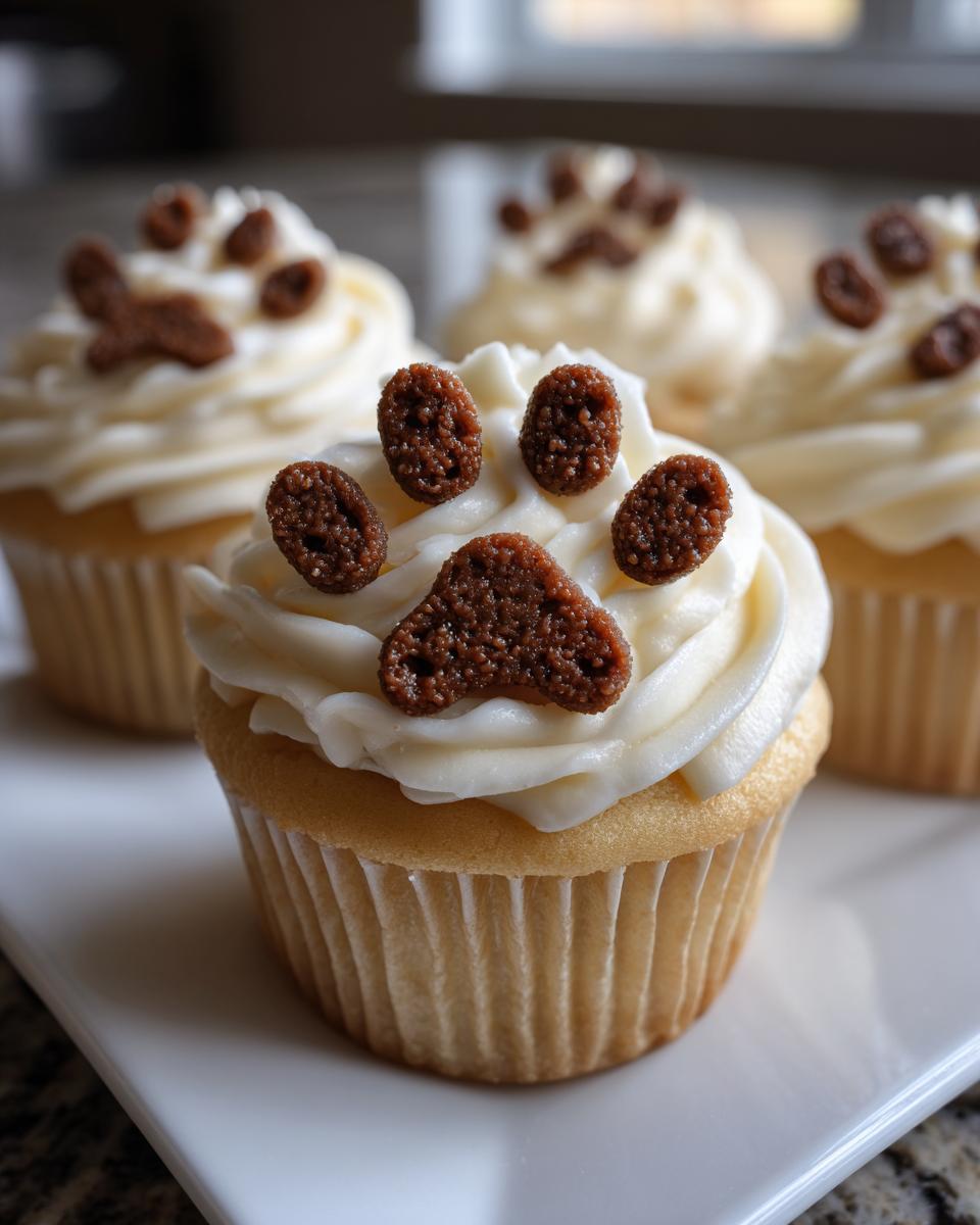 Close-up of a vanilla Dog Mom Day cupcake topped with white frosting and brown paw print sprinkles.