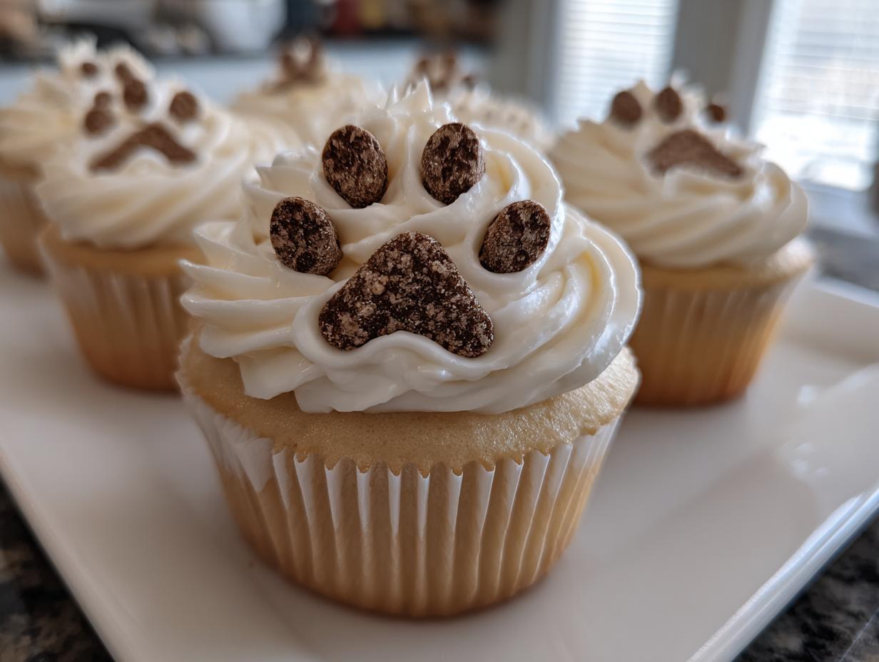 Close-up of vanilla Dog Mom Day cupcakes topped with white frosting and chocolate paw prints.