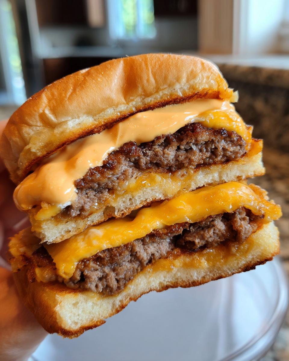 Close-up of a double smash burger recipe cut in half, showing two thin patties, melted cheese, and special sauce.