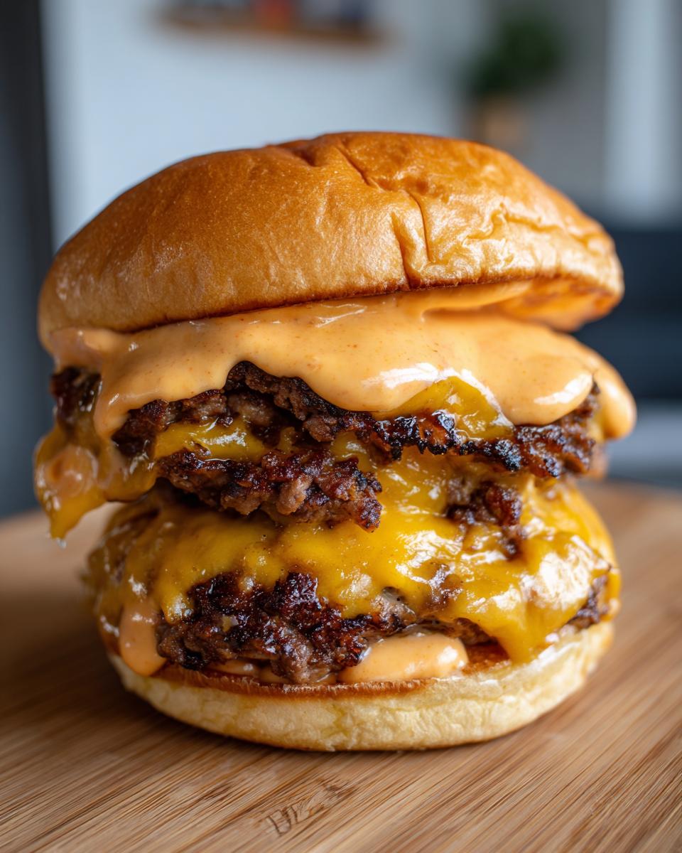 A juicy double smash burger recipe featuring two crispy beef patties, melted American cheese, and dripping special sauce on a brioche bun.