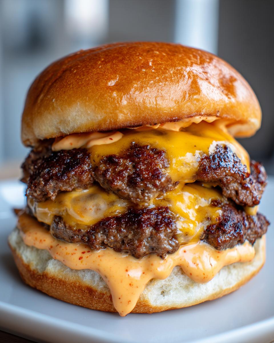 Close-up of a juicy double smash burger recipe featuring melted cheese and dripping special sauce on a toasted bun.