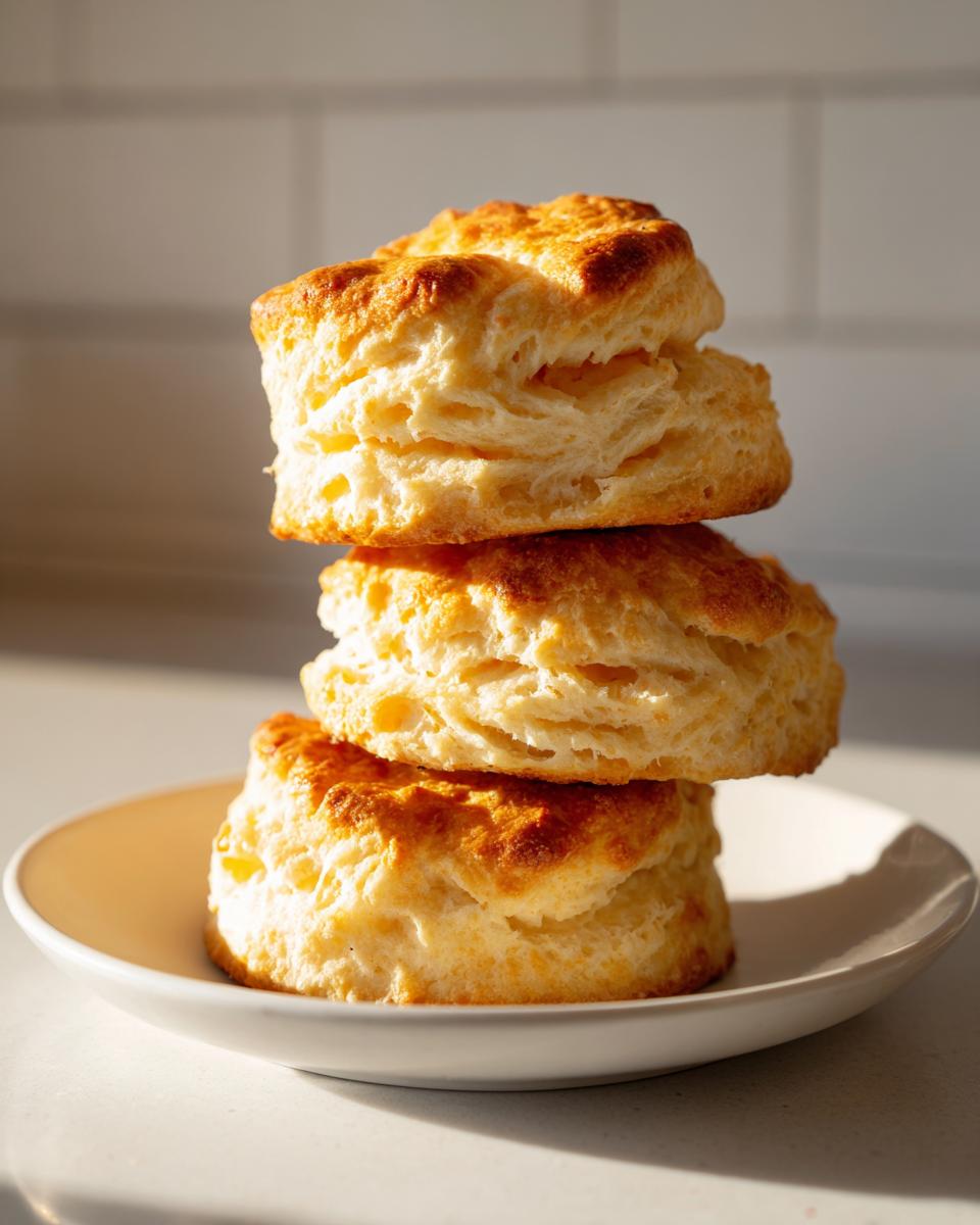 A stack of three tall, flaky, Fluffy buttermilk biscuits with golden brown tops resting on a small white plate.