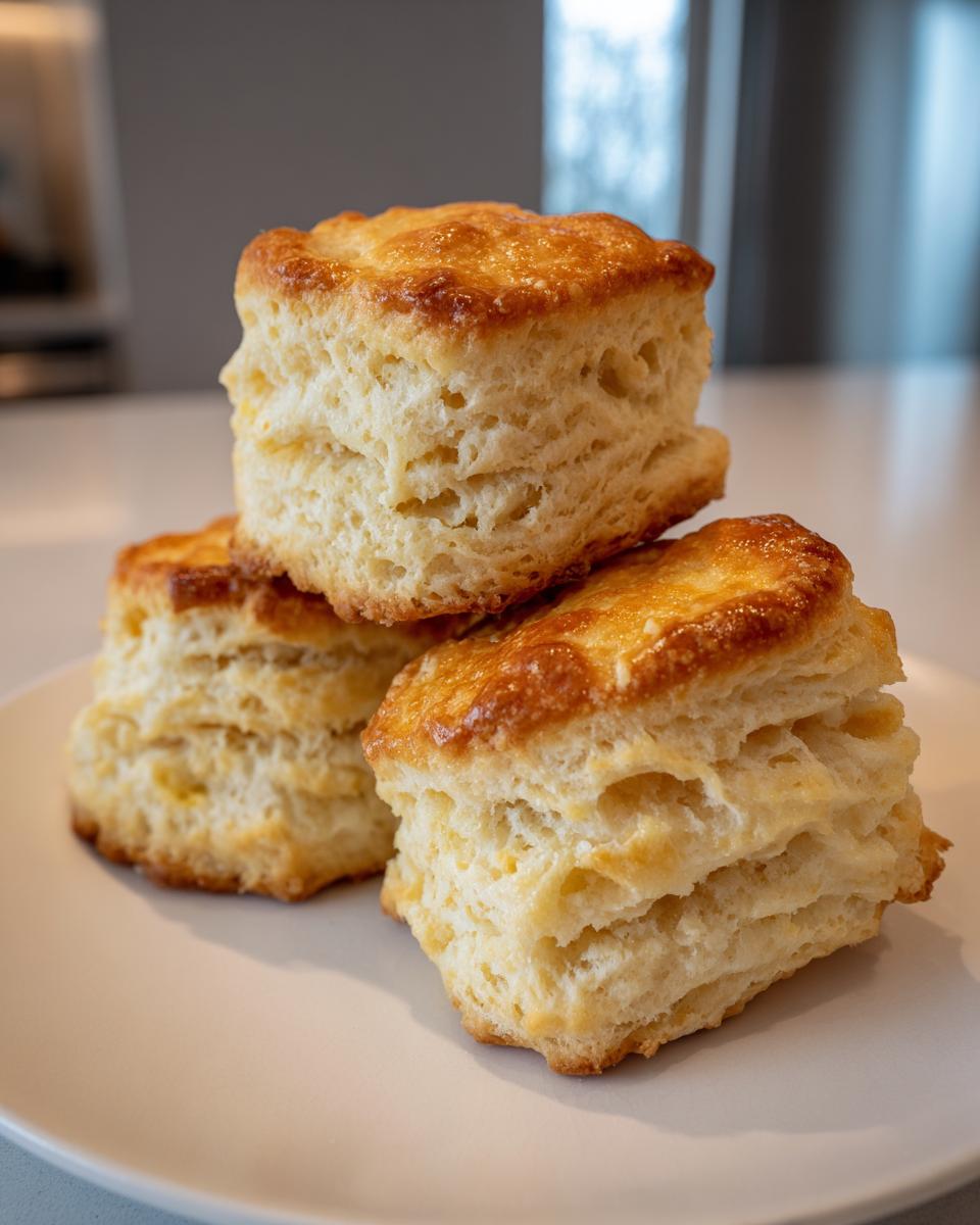 Three tall, flaky, and golden-topped fluffy buttermilk biscuits stacked on a light-colored plate.