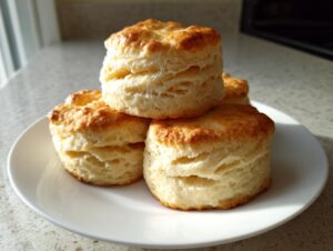 A stack of four tall, flaky, and golden-brown fluffy buttermilk biscuits on a white plate.