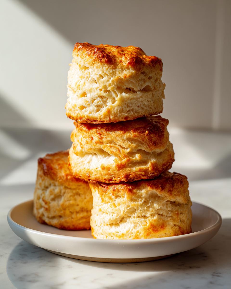 A stack of three tall, golden-brown fluffy buttermilk biscuits sitting on a small white plate.