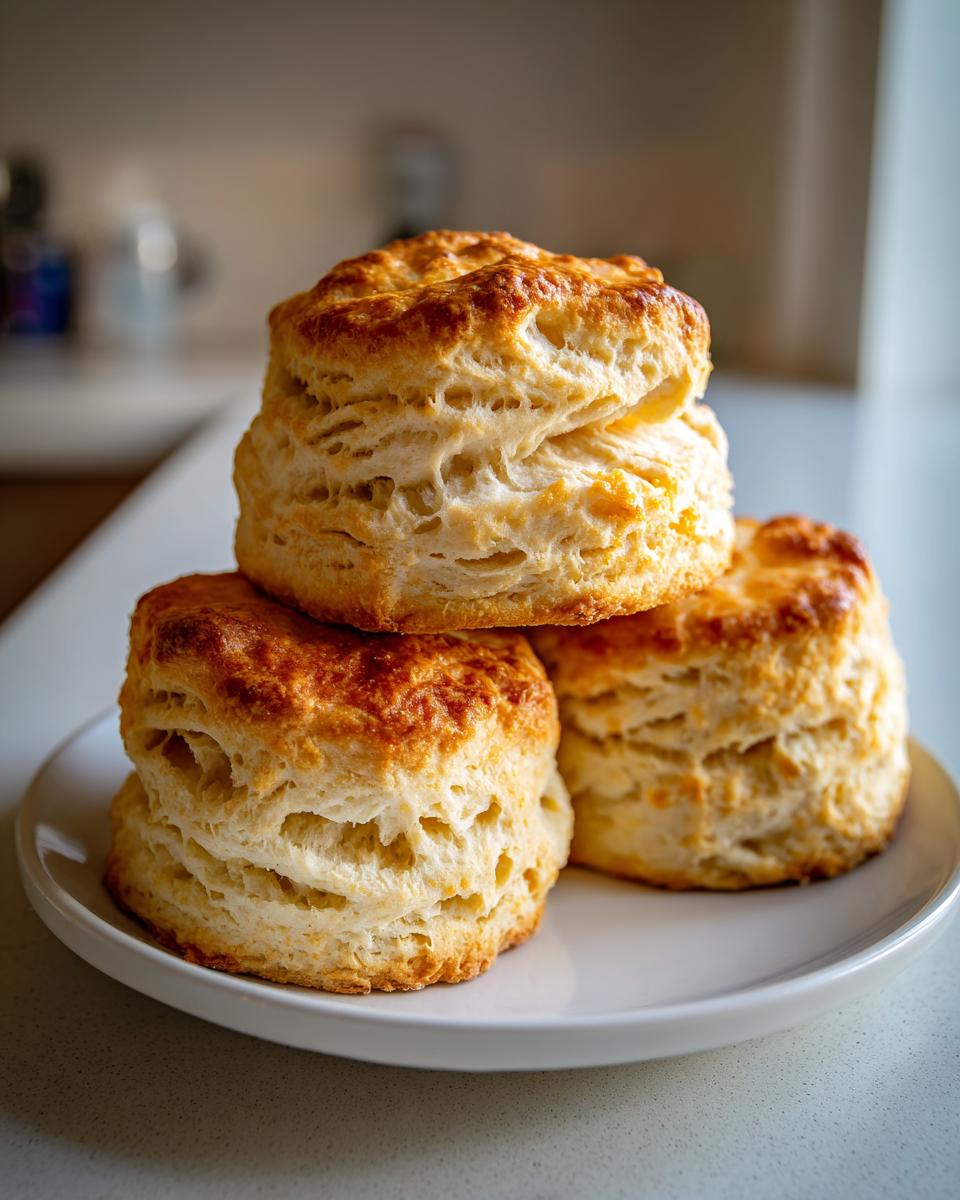 Three golden-brown, tall, and flaky fluffy buttermilk biscuits stacked on a white plate.