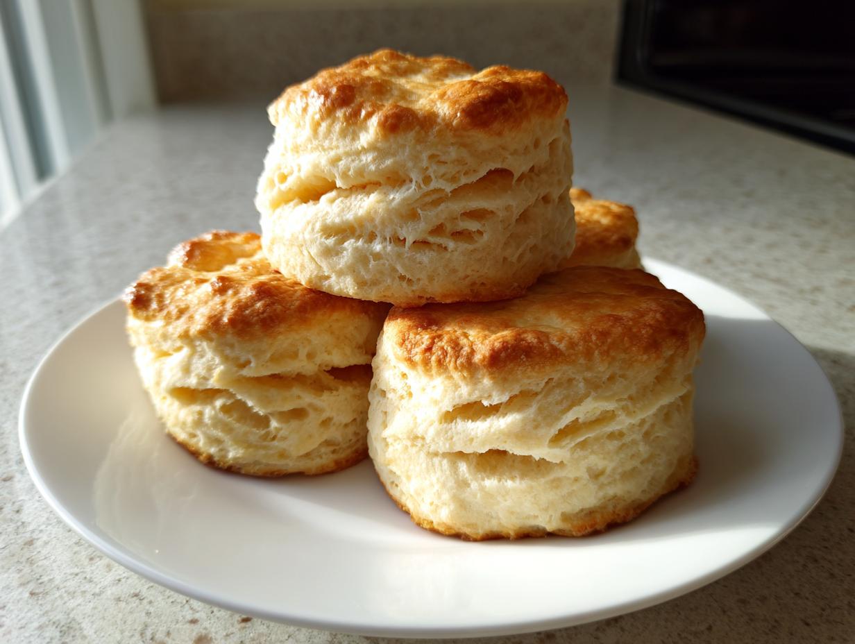 A stack of four tall, flaky, and golden-brown fluffy buttermilk biscuits on a white plate.