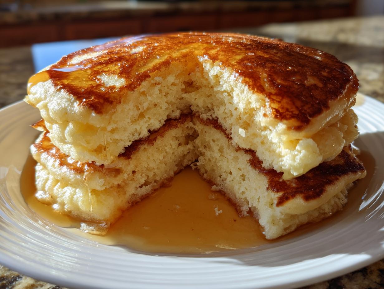 Close-up of fluffy buttermilk pancakes cut in half, showing the airy interior texture, drizzled heavily with golden syrup.