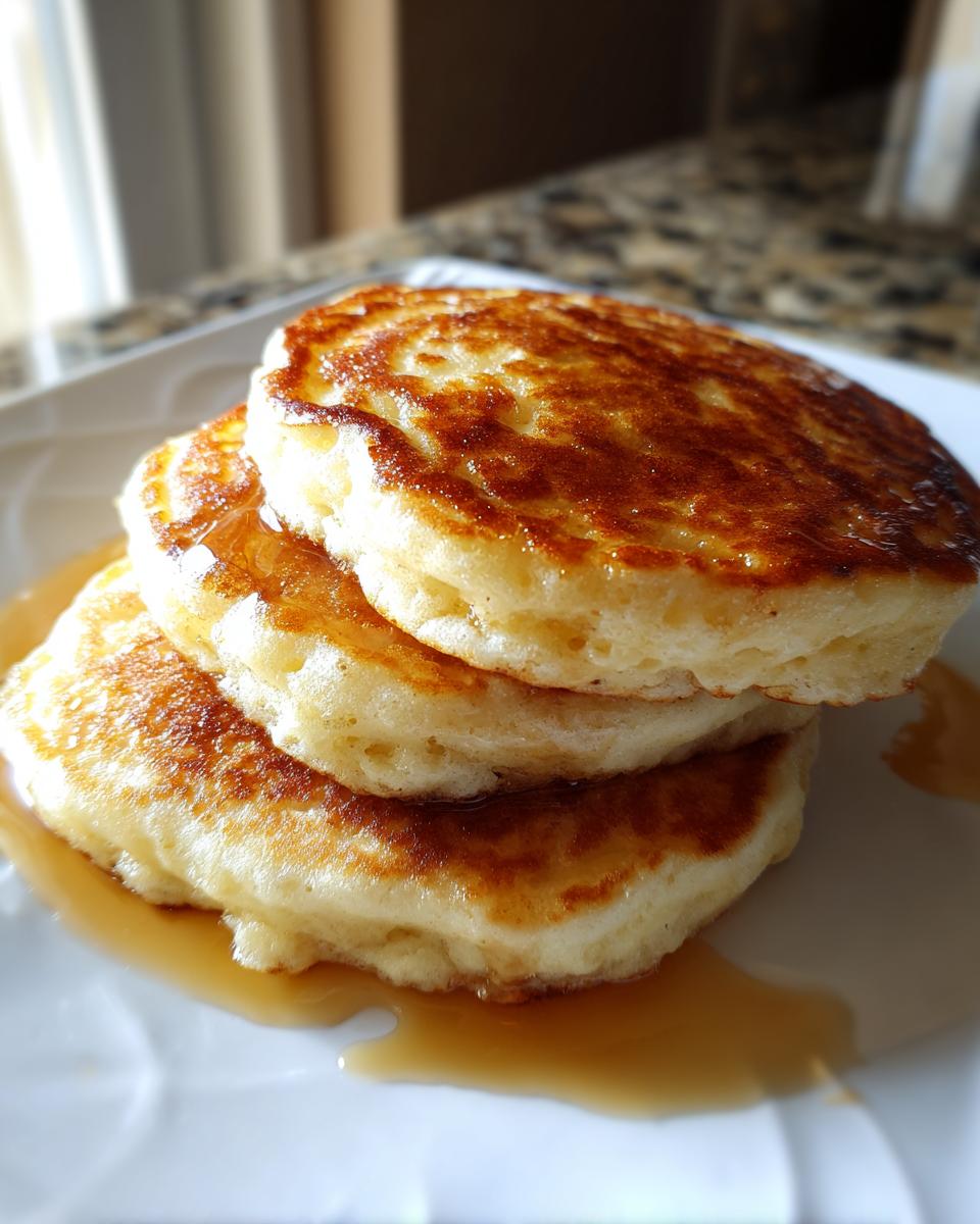 A close-up stack of three thick, fluffy buttermilk pancakes dripping with golden syrup on a white plate.