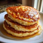 A tall stack of three golden-brown, fluffy buttermilk pancakes drizzled generously with syrup.