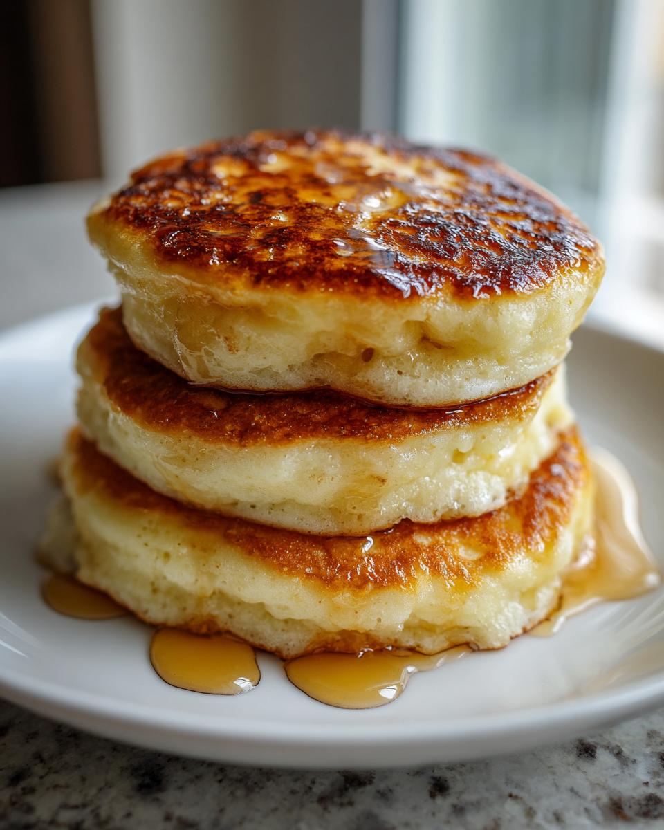 Close-up of a tall stack of three fluffy buttermilk pancakes drizzled with golden syrup.