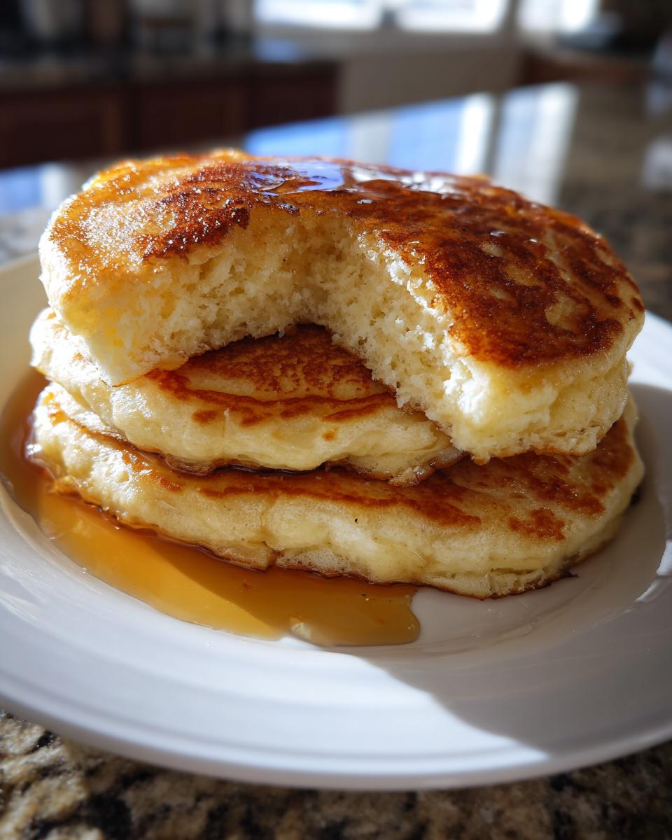 A stack of three fluffy buttermilk pancakes drizzled with syrup, with a bite taken out showing the airy interior.