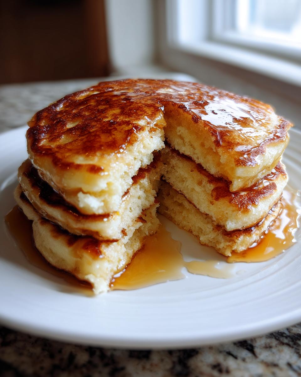A tall stack of fluffy buttermilk pancakes, cut open to show the texture, drenched in golden syrup.