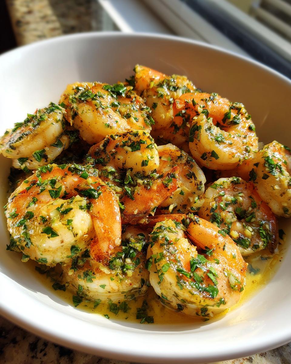 A white bowl filled with succulent shrimp coated in a rich garlic butter sauce and fresh parsley, perfect for a garlic butter shrimp recipe.