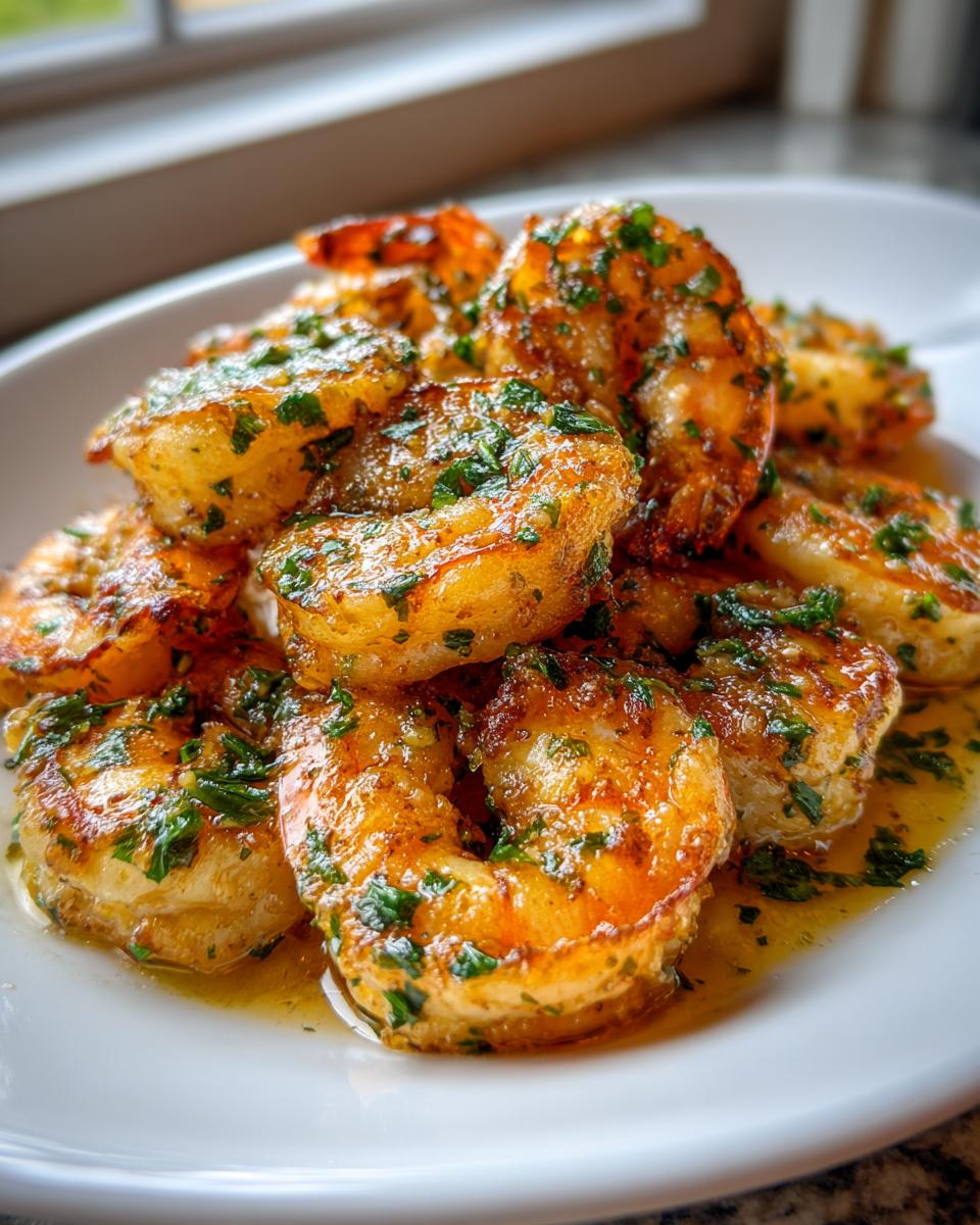 Close-up of juicy, golden-brown shrimp coated in garlic butter sauce and fresh parsley, part of the garlic butter shrimp recipe.
