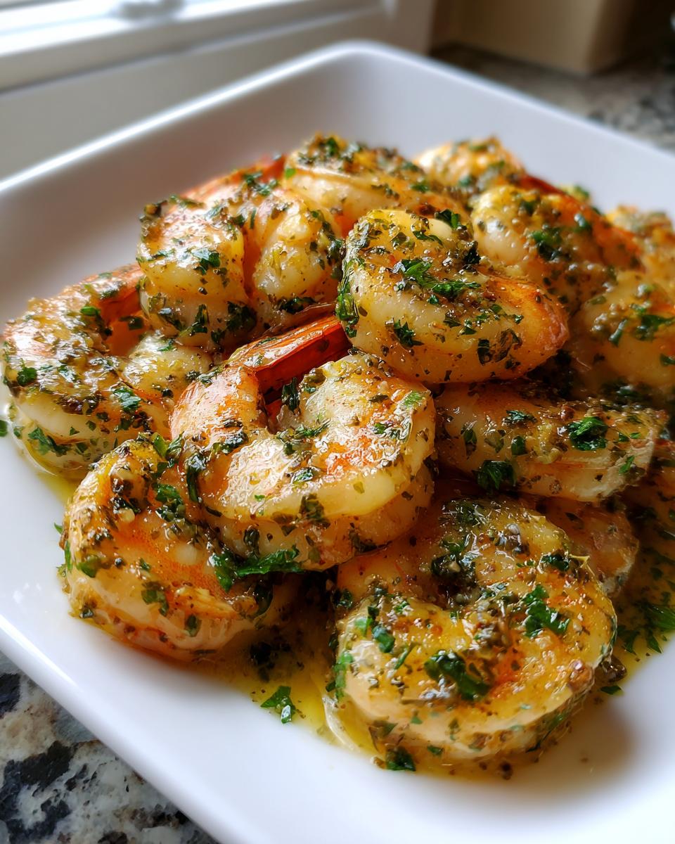 Close-up of succulent shrimp coated in rich garlic butter sauce and fresh parsley, perfect for a garlic butter shrimp recipe.