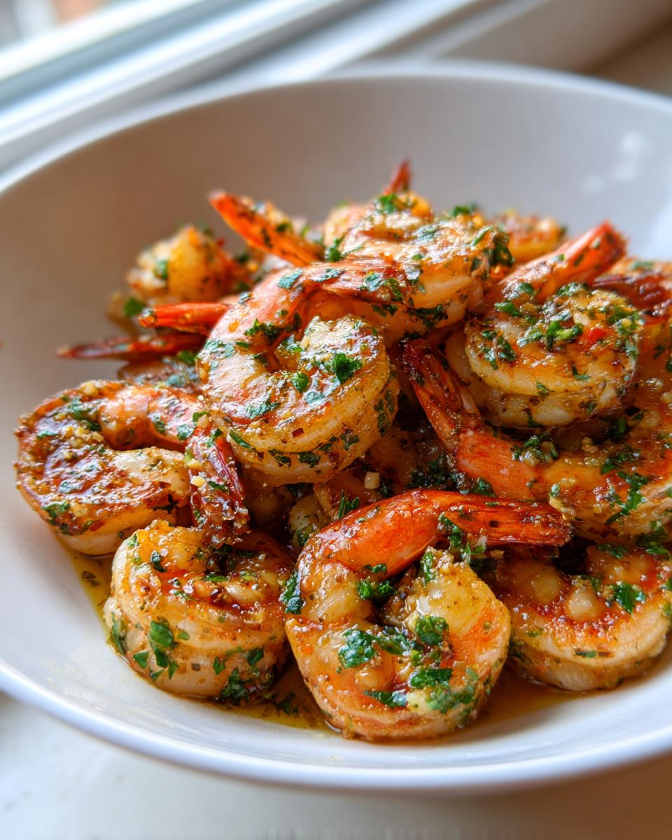 Close-up of plump, cooked shrimp coated in garlic butter sauce and fresh parsley, ready to serve from a white bowl.