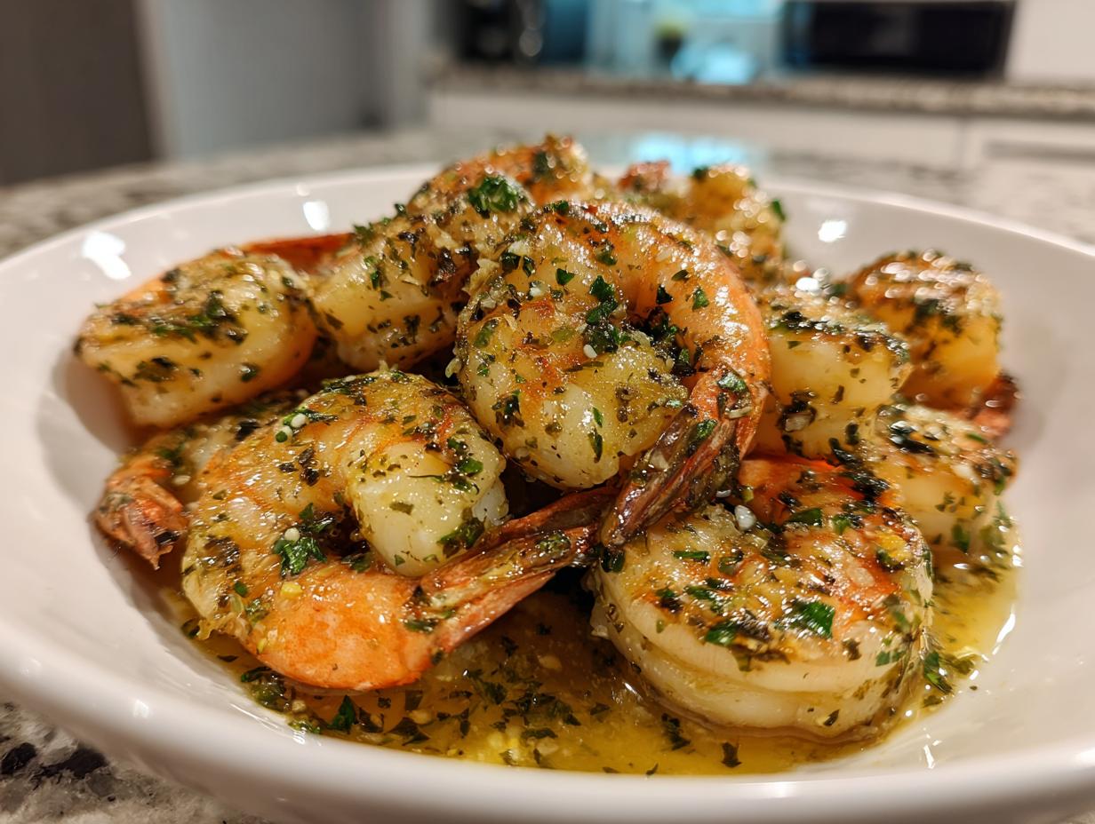 Close-up of succulent shrimp coated in rich garlic butter sauce and fresh parsley, perfect for a garlic butter shrimp recipe.
