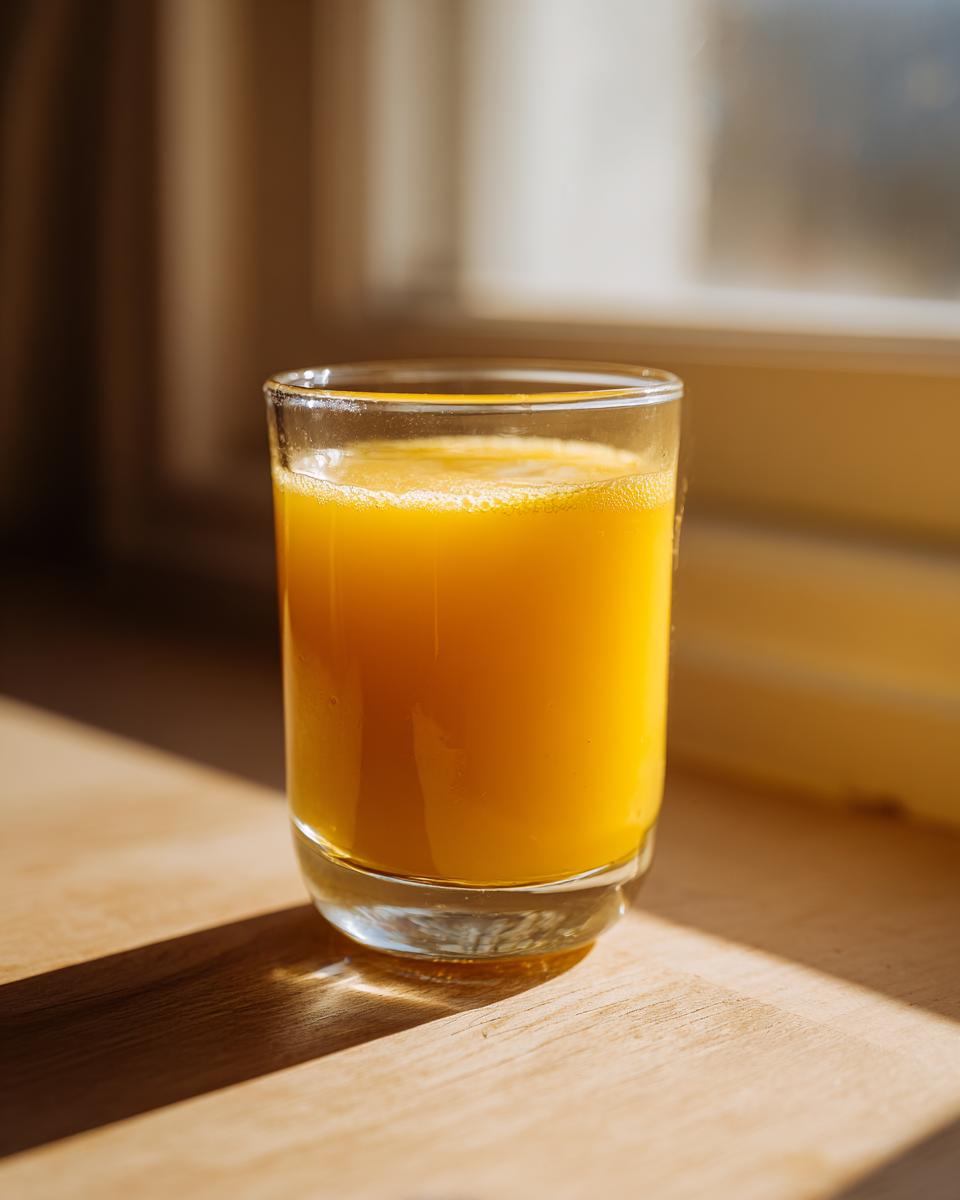 A vibrant orange Ginger lemon turmeric shot in a clear glass sitting on a wooden surface in bright sunlight.