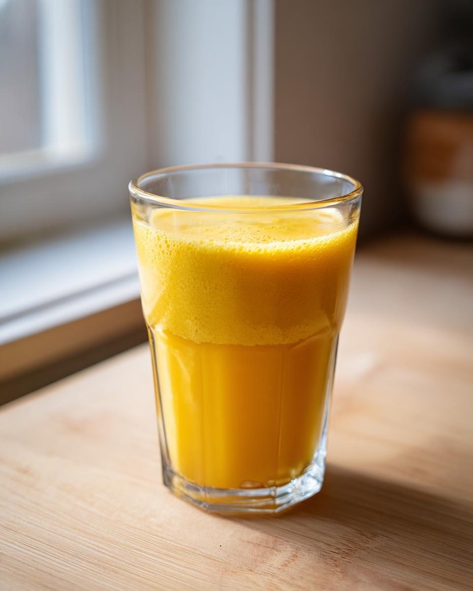 A vibrant, frothy Ginger lemon turmeric shot served in a clear glass on a wooden surface.