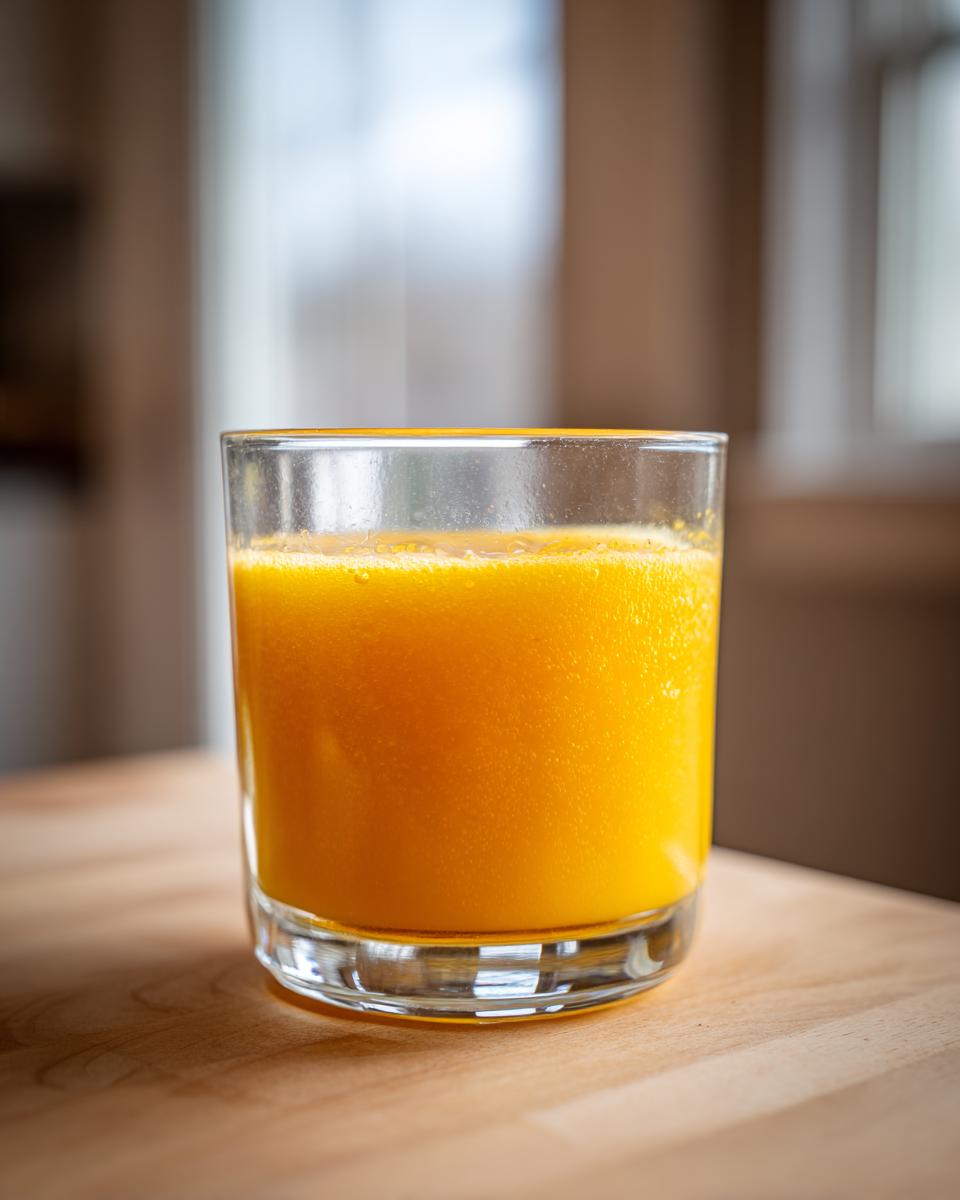 A vibrant, orange Ginger lemon turmeric shot served in a clear glass on a wooden surface.