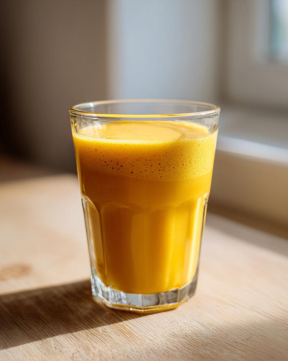 A vibrant, orange-yellow Ginger lemon turmeric shot in a clear glass sitting on a wooden surface.