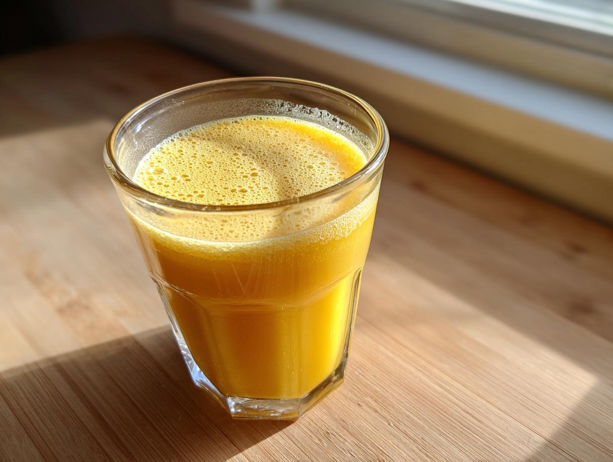 A bright orange Ginger lemon turmeric shot with foam on top, sitting on a wooden surface near a window.