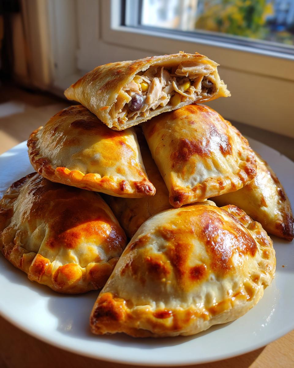 A stack of golden-brown baked empanadas, one cut open showing chicken and corn filling, perfect for easy military spouse appetizers.