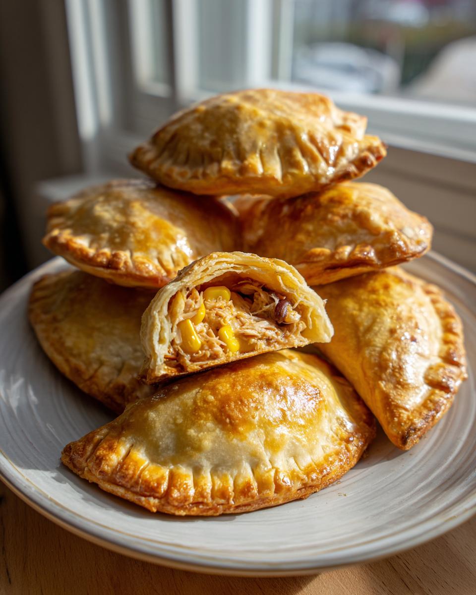 Stack of golden baked empanadas, one cut open showing shredded chicken and corn filling, perfect for easy military spouse appetizers.