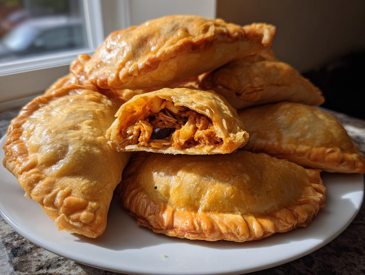 A stack of golden baked empanadas, one cut open to show a savory chicken filling, perfect for easy military spouse appetizers.