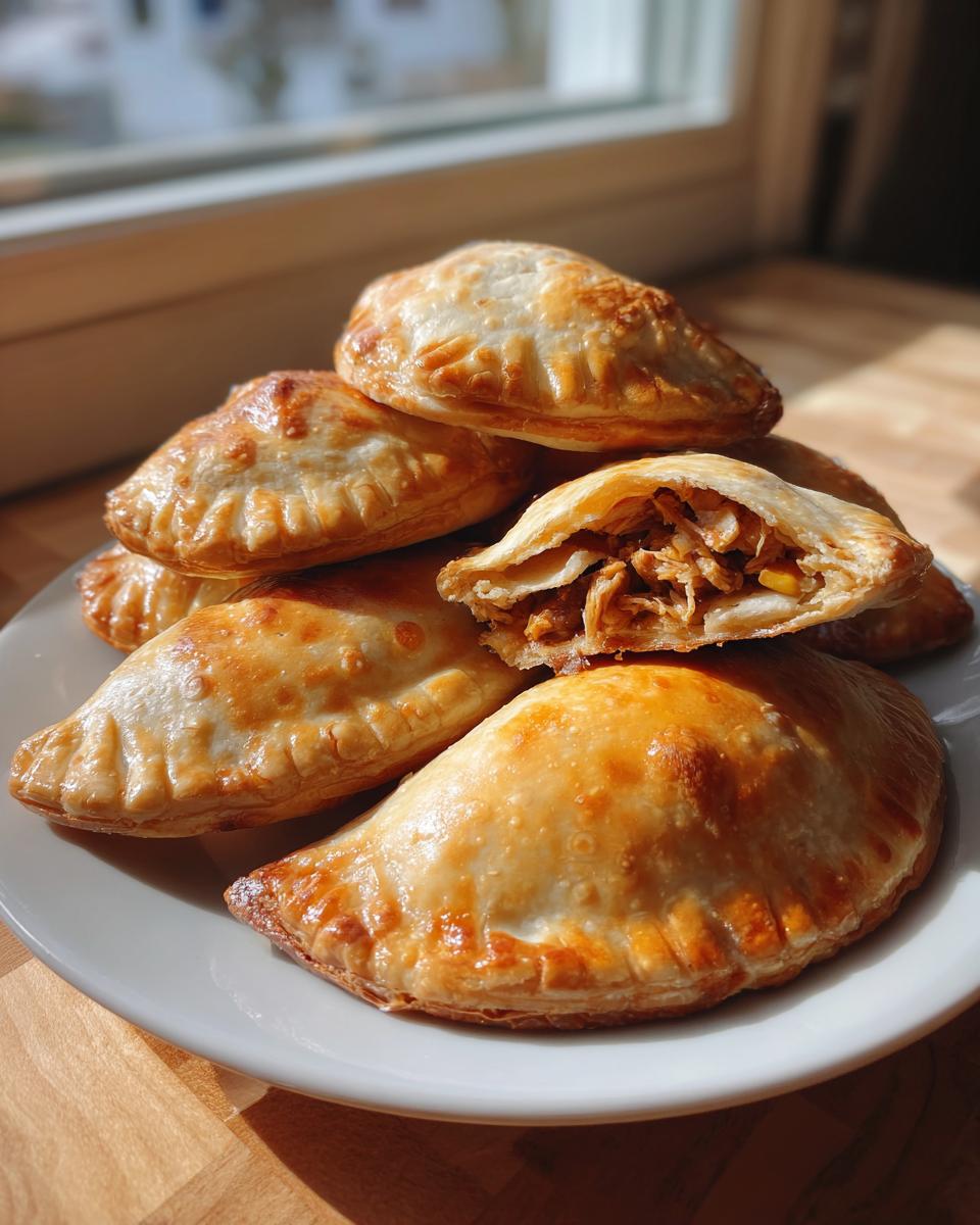 A stack of golden-brown baked empanadas, one cut open showing savory filling, perfect for easy military spouse appetizers.