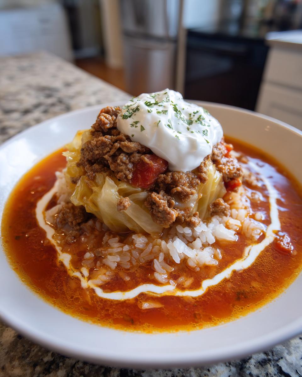 A bowl of rich Golumpki soup featuring a stuffed cabbage roll over rice, topped with ground meat and a dollop of sour cream.
