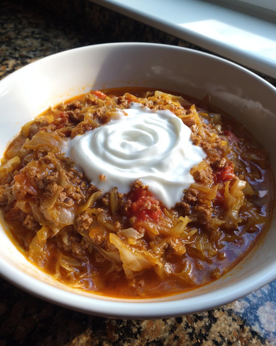 A close-up of a bowl of rich Golumpki soup featuring ground meat, cabbage, and tomatoes, topped with a swirl of sour cream.