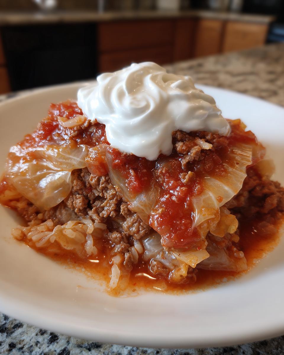 A close-up of a hearty serving of Golumpki soup, featuring cabbage, meat, and rice in tomato sauce, topped with a dollop of sour cream.