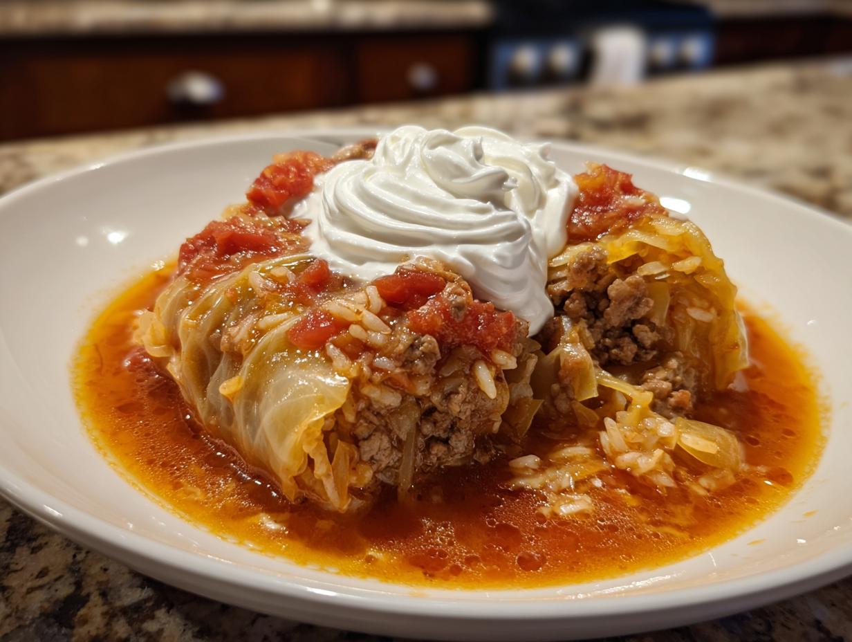 A close-up of a stuffed cabbage roll served in tomato broth, topped with sour cream, representing Golumpki soup.