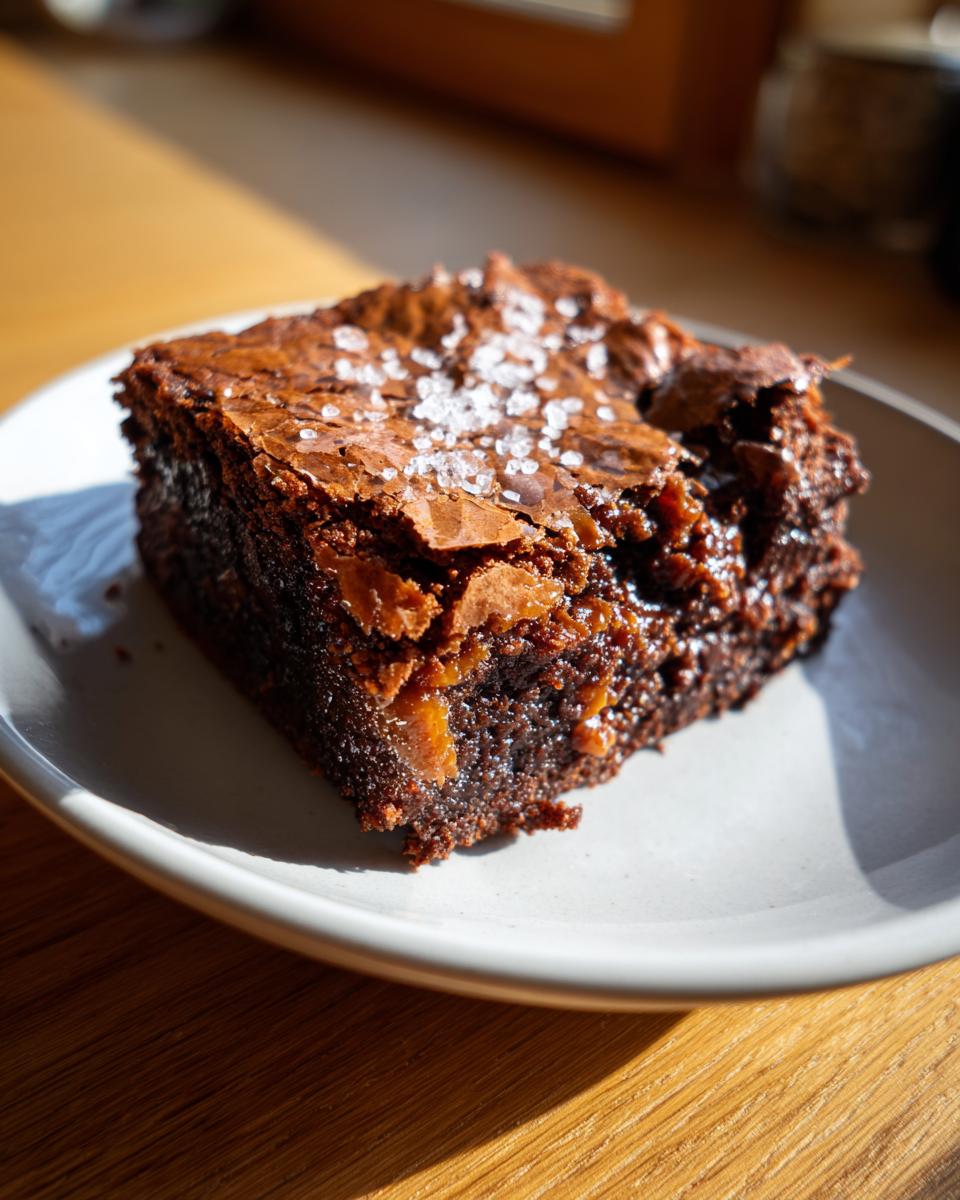 A close-up of a fudgy homemade butterscotch brownie topped with flaky sea salt.