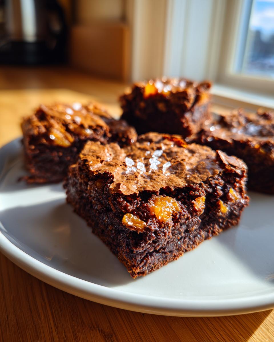 Close-up of fudgy homemade butterscotch brownies topped with visible butterscotch chunks and flaky sea salt.