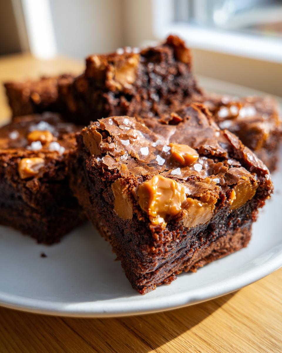 Close-up of fudgy homemade butterscotch brownies topped with melted butterscotch chunks and flaky sea salt.