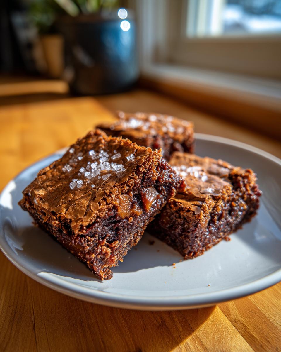Three rich, fudgy homemade butterscotch brownies topped with flaky sea salt served on a light plate.