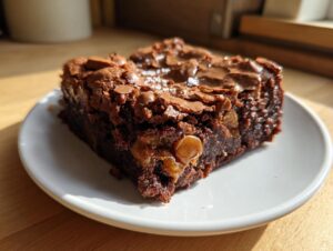 A fudgy square of homemade butterscotch brownies topped with flaky sea salt, sitting on a white plate.