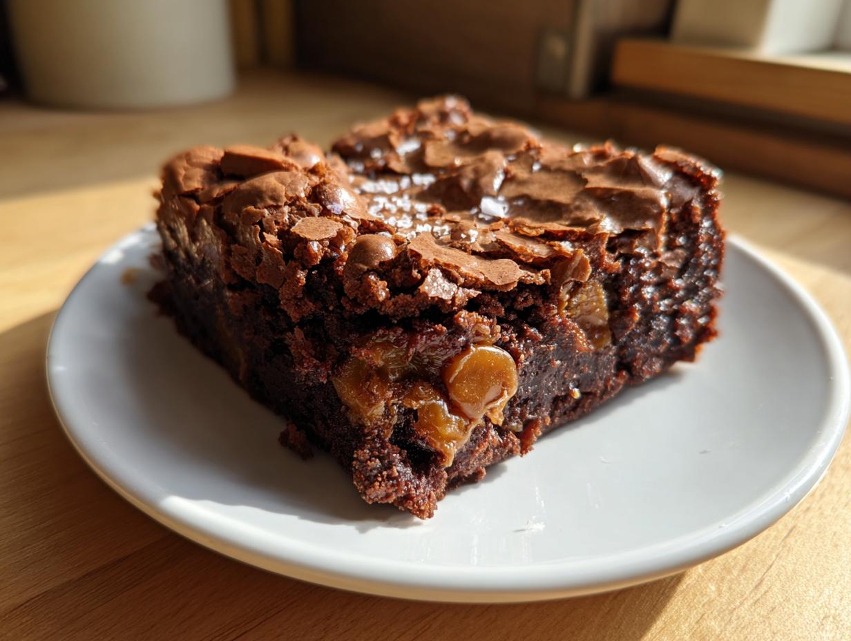 A fudgy square of homemade butterscotch brownies topped with flaky sea salt, sitting on a white plate.