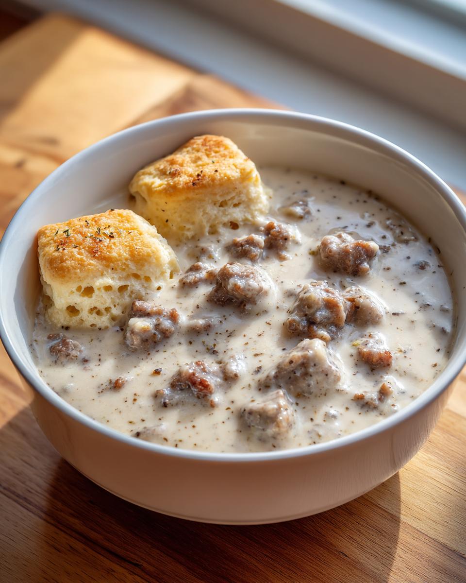 Close-up of a white bowl filled with rich Homemade sawmill gravy and chunks of sausage, topped with two golden biscuits.