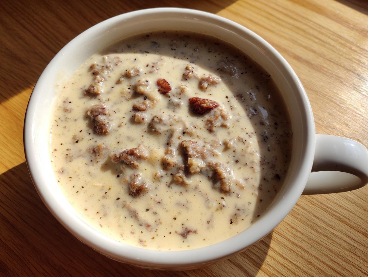 Close-up of a white mug filled with creamy Homemade sawmill gravy featuring visible sausage crumbles and black pepper.