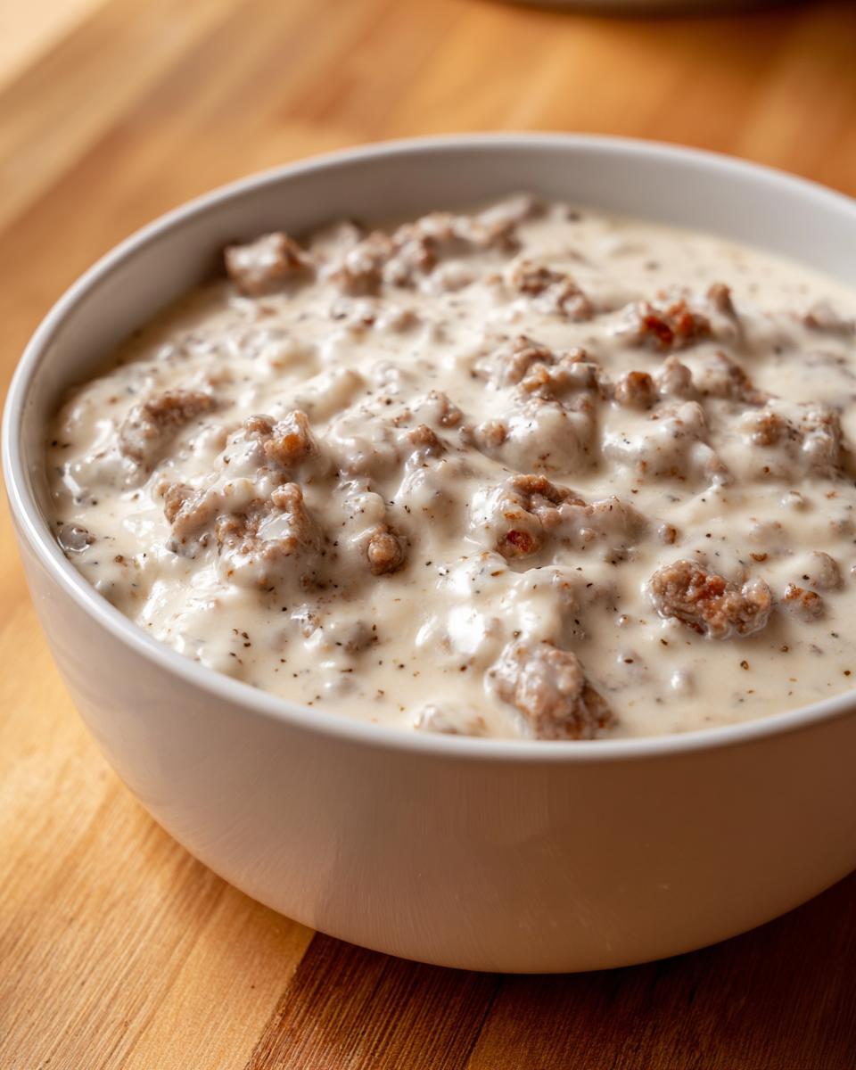 Close-up of a white bowl filled with rich, creamy Homemade sawmill gravy studded with crumbled sausage and black pepper.