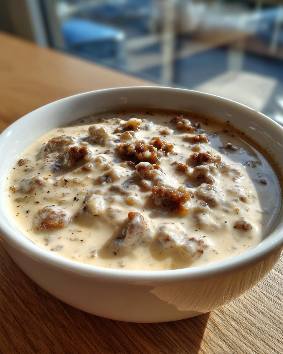 A white bowl filled with rich, creamy homemade sawmill gravy speckled with black pepper and chunks of browned sausage.