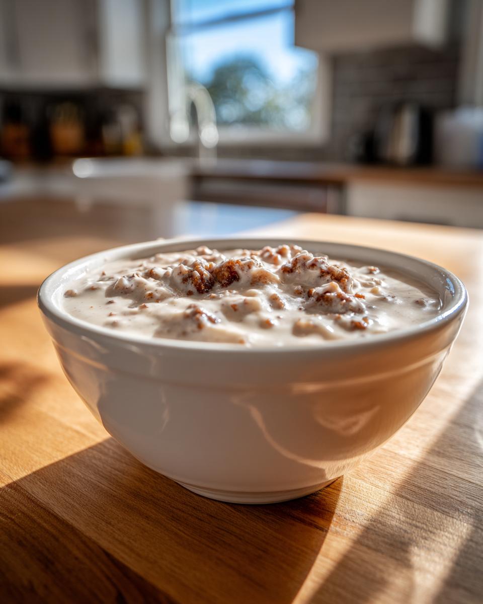 A white bowl filled with thick Homemade sawmill gravy featuring visible bits of browned sausage, sitting on a wooden counter.